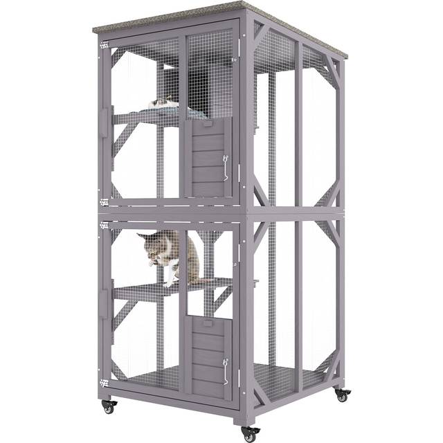 VEVOR Kattbur catio utomhus katthölje, 3 nivåer kattlekhage för inomhuskatter, utomhus katthus på hjul, katthus med vilolåda, vattentätt tak, 2 fönster och dörrar, avtagbar bottenbricka