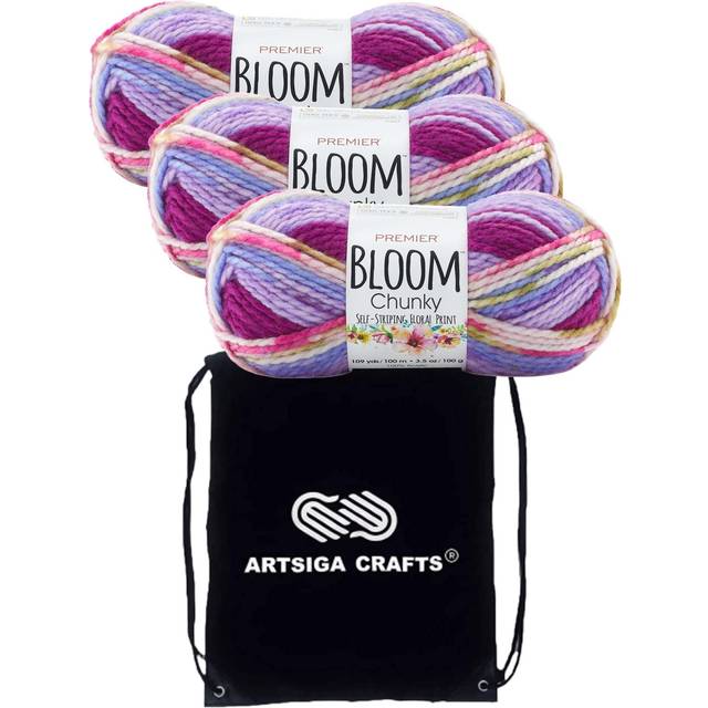 Premier Yarns Bloom Chunky Iris 1114-18 (3-Skeins - Same Dye Lot) Chunky Bulky #5 Acrylic Yarn for Crocheting and Knitting with Project Bag