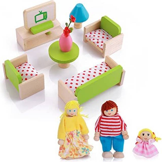 Dollhouse Mini Furniture Set, 12 Pcs Miniature Wooden Doll House Furniture with 3 Family Dolls Figures, Dollhouse Living Room Accessories Dollhouse