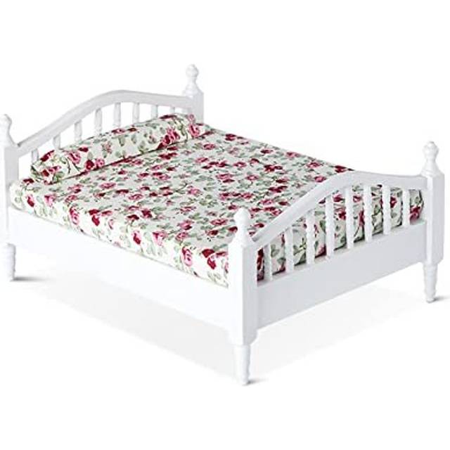 Dolls Cot 1/12 Miniature Double Bed Wooden Dolls House Furniture for Barbie Bed Dolls Bed Decoration - Flower Pattern