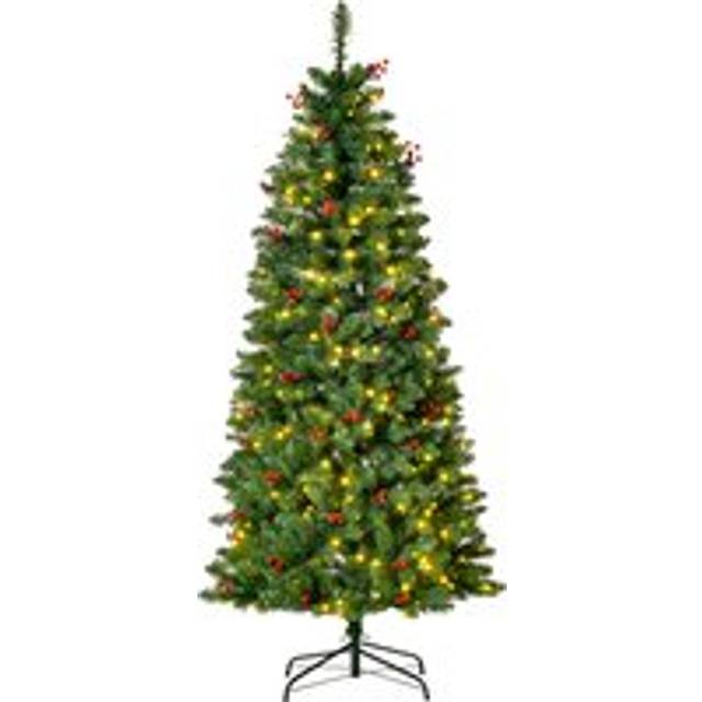 HOMCOM 5FT Prelit Artificial Pencil Christmas Tree with Warm White LED Light, Red Berry, Holiday Home Xmas Decoration, Green Decoration | Aosom UK