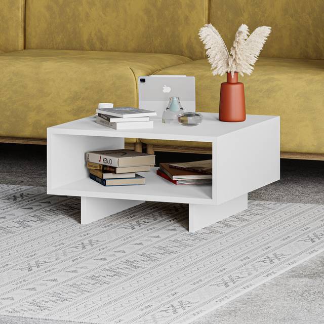 Sled Coffee Table with Storage Modern Square Design with Open Compartment - White (32cm H X 60cm W X 60cm D)