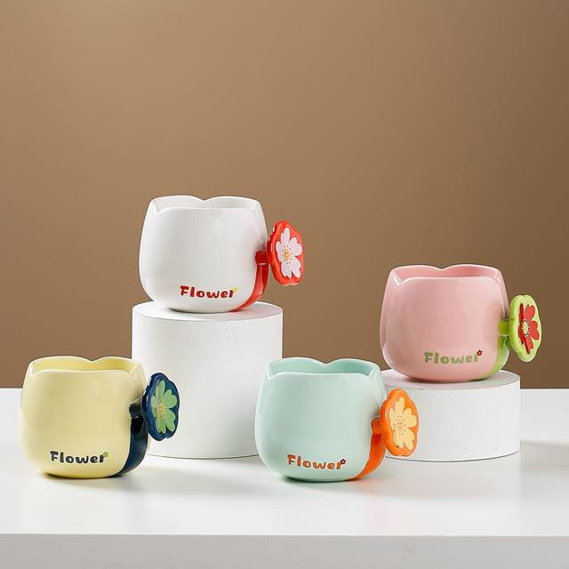 (a-White 300ML) Creative Lovely Flowers Coffee Cup Porcelain Children's Water Cup Cartoon Ceramic Mugs Gift Table Top Decoration Delicate Cups