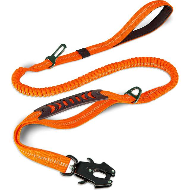 Tactical Dog Lead Heavy Duty, 1.2-1.8m Shock Absorbing Bungee Dog Lead with 2 Handle, Metal Carabiner Clip, Car Seatbelt, Strong No Pull Dog Lead for