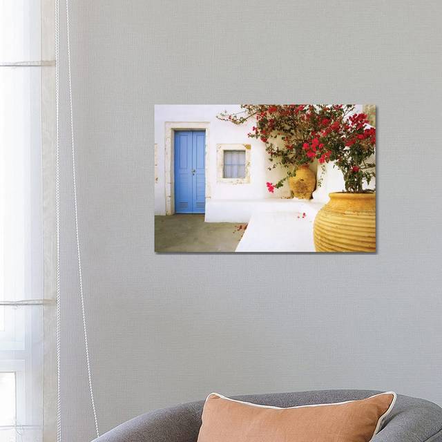 Greece, Santorini. Blue Door to House and Potted Flowers. by Jaynes Gallery - Wrapped Canvas Art Prints (66.04 cm H x 45.72 cm W x 3.175 cm D)