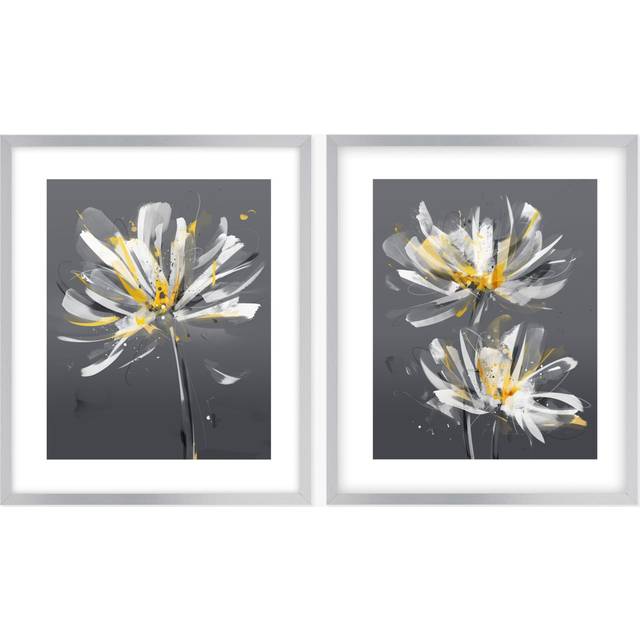 John Lewis Green Lili Modern Floral Framed Print & Mount, Set of 2, 63.5 x 53.5cm, Grey/Yellow