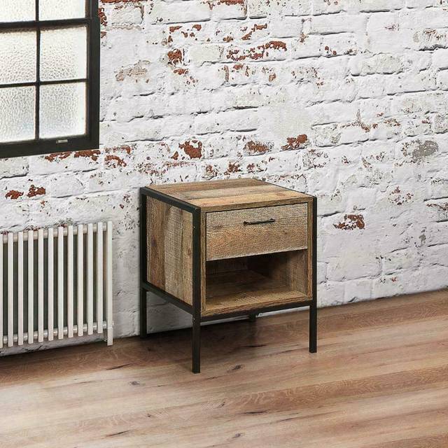 Urban Rustic - 1 Drawer Bedside Table - Oak/Black - Wooden/Metal - Happy Beds - Brown/Black