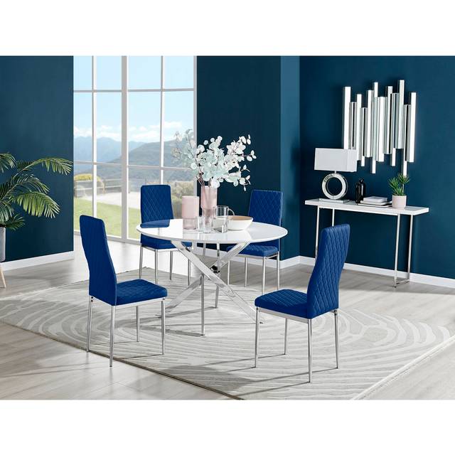 Tierra Modern Chrome Metal & Glass Round Dining Table Set with 4 Quilted Velvet Chairs - Silver (4)