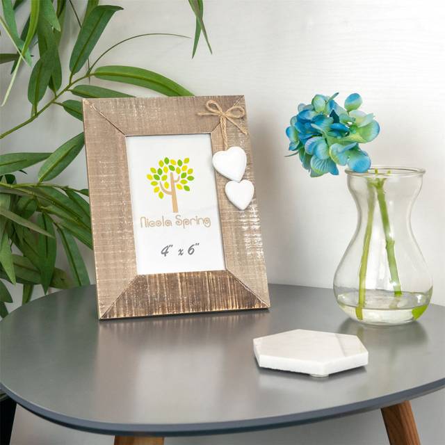 4" x 6" Wooden Standing Photo Frame with Hearts - White