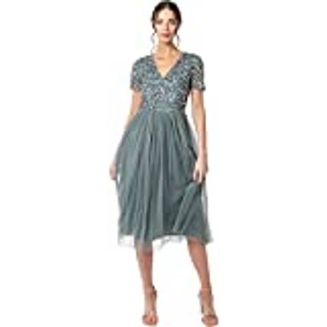 Short Sleeve V Neck Embellished Midi Dress - Teal - 8