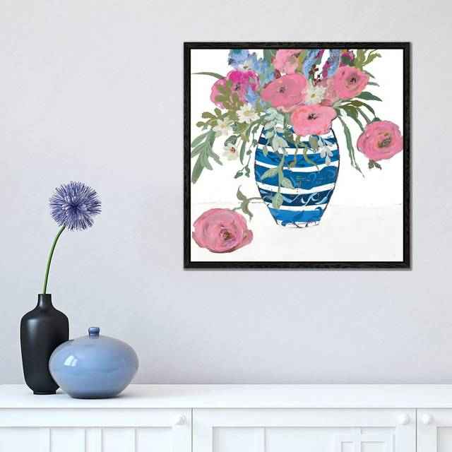 Blue Vase of Pink Roses by Robin Maria - Painting on Canvas - Black Floater Frame (45.72 cm H x 45.72 cm W)