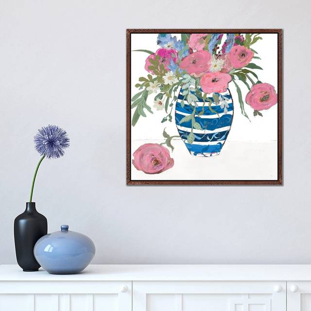 Blue Vase of Pink Roses by Robin Maria - Painting on Canvas - Brown Floater Frame (45.72 cm H x 45.72 cm W)