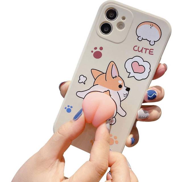 Creative and Fun Swinging 3D Pink Butt Animal Soft TPU Silicone Rubber Phone Case, iPhone 12 Pressure Release Cover  Corgi White