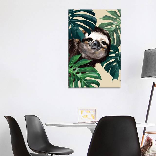 Sneaky Sloth with Monstera by Big Nose Work - Wrapped Canvas Graphic Art (101.6cm H x 66.04cm W x 3.81cm D)