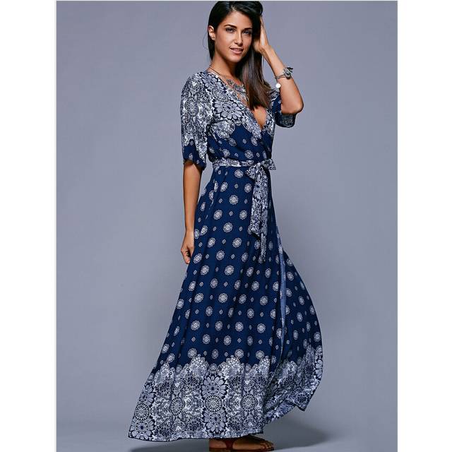 (8, blue) Gorgeous Boho Floral Bell Sleeve Hippie Long Dress