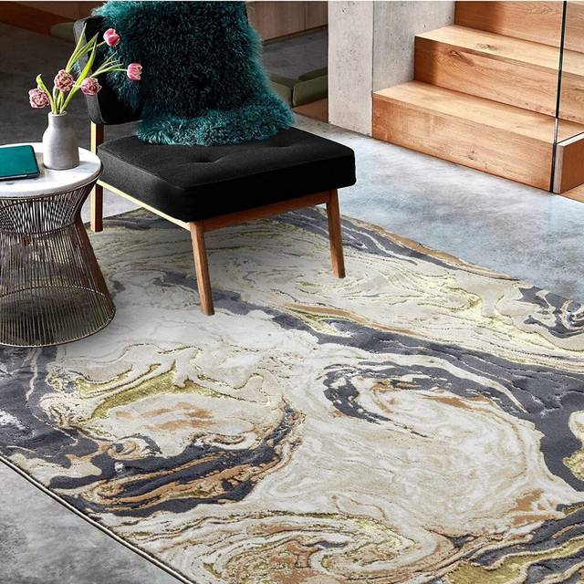 Lord Of Rugs - Marbled Rug for Living Room Bedroom Lounge Aurora AU08 Marble Quality Modern Abstract Soft Silky Shiny Metallic Natural Gold Grey Rug