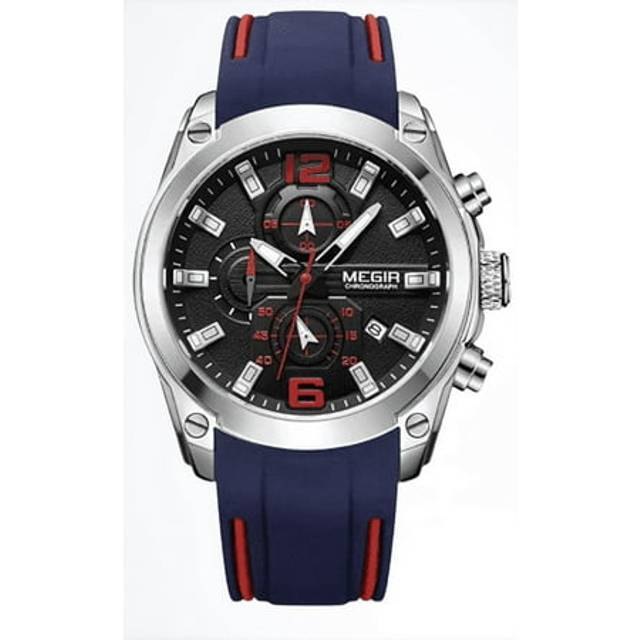 (Black) MEGIR Men&apos;s Analogue Sport Chronograph Luminous Quartz Watch with Fashion Silicone Strap 2063