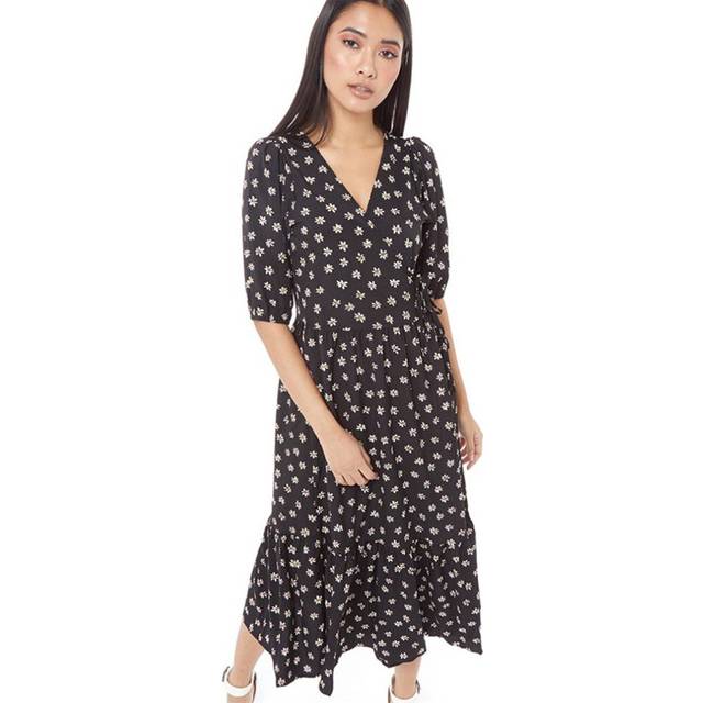 (Black White, XS ) Ladies Floral Print Casual Party Wear Summer Dress