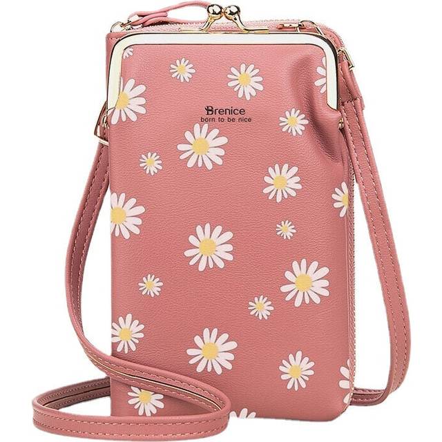 (Pink) Women 13 Card Slots Phone Bag Daisy Crossbody Bag Shoulder Bag