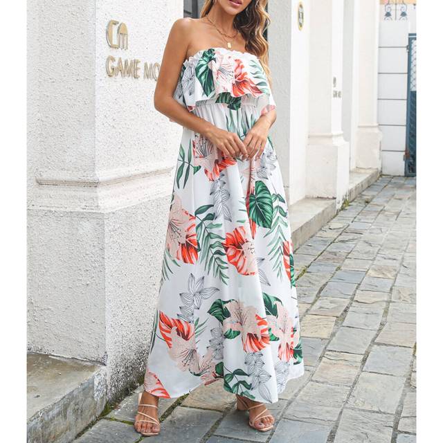 (white, m) Women's Boho Floral Print Off Shoulder Long A Line Dress