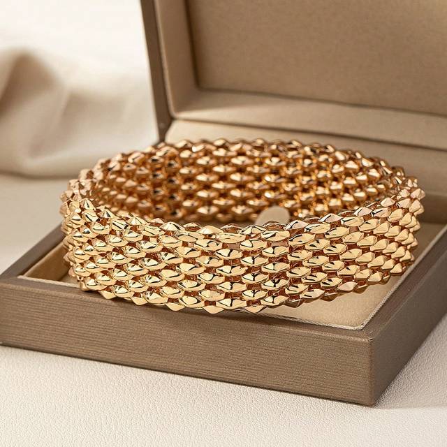 1st klassiskt handvävt brett metalliskt armband för daglig festpresent - Gult guld