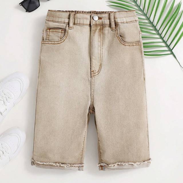 SHEIN Teen Boy Khaki Denim Shorts,For Spring And Summer