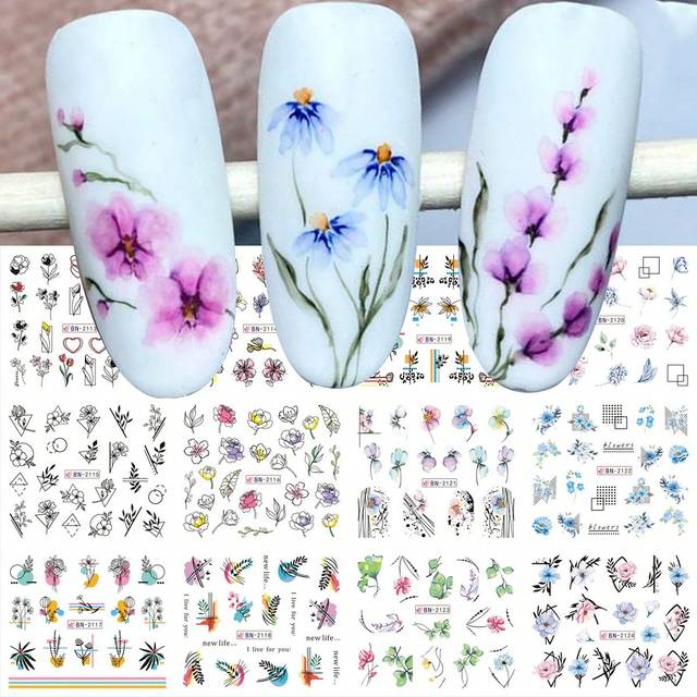 SHEIN 12pcs Watercolor Floral Flower Nail Sticker Ink Flowers Slider For Nail Decoration Foils Tattoo Nail Stickers DIY