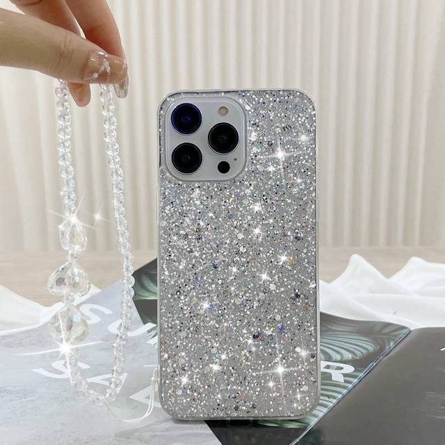SHEIN 2000s Fashion Phone Case With Card Holder Silver Y2k One Galaxy Glitter Sparkle Phone Case With Three Heart Pendants And Chains Compatible With Apple