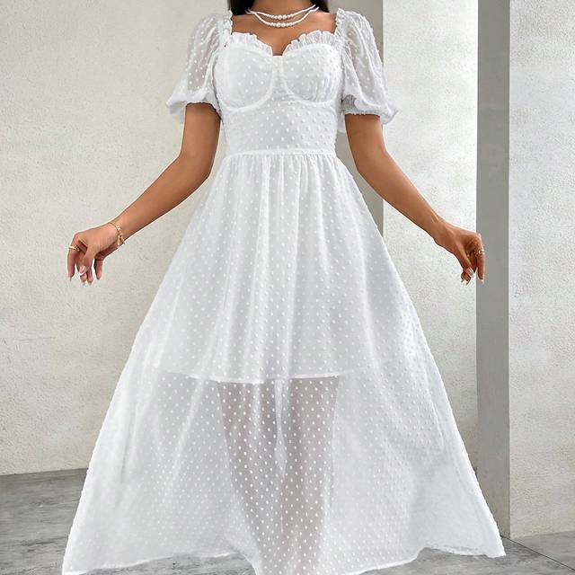 SHEIN Valentine&#39;s Day Swiss Dot Chiffon Dress With Sweetheart Neckline, Wedding Guest Dress