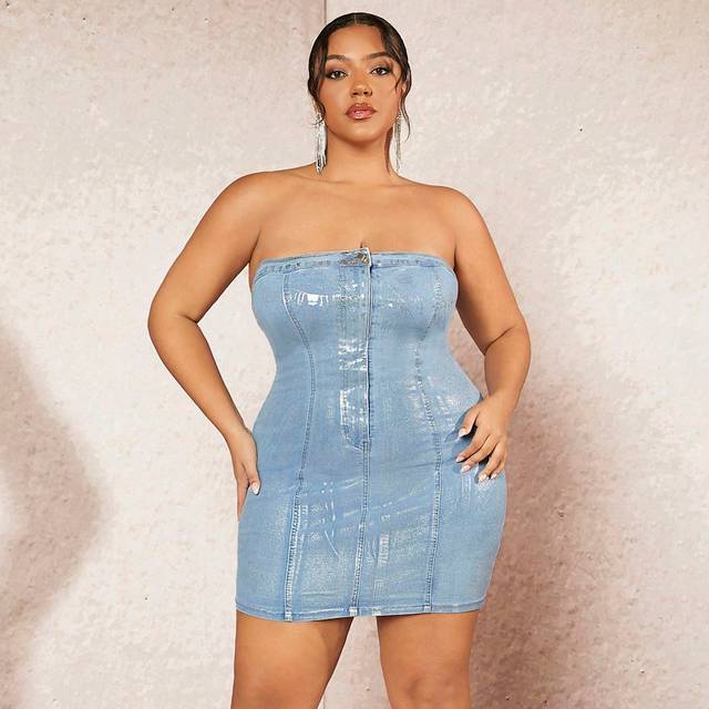 SHEIN Metallic Sexy High Elastic Plus Size Denim Tube Top Mini Dress&Festival Outfits&Music Festival