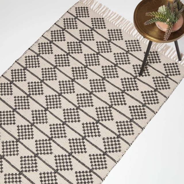 Handwoven Cotton Natural & Black Rug 120 x 170 cm Geometric with Tassels