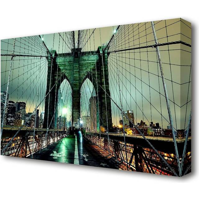 Brooklyn Bridge at Night Green Glow - Wrapped Canvas Photograph Print (35.6 cm H x 50.8 cm W)