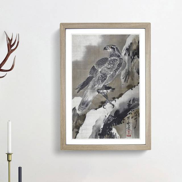 Eagle Holding a Small Bird by Kawanabe Kyosai - Picture Frame Painting Print - Oak Framed (65cm H x 48cm W x 2cm D)