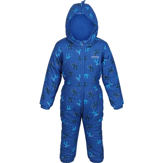 (9-12M, Blue Dino) Regatta Kids Penrose Fullzip Hooded Insulated Fleece Lined Puddle Suit Rain Suit