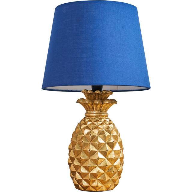 Pineapple Design Table Lamp In Gold Effect Finish With Navy Blue Shade With 4w led Golfball Bulb In Warm White