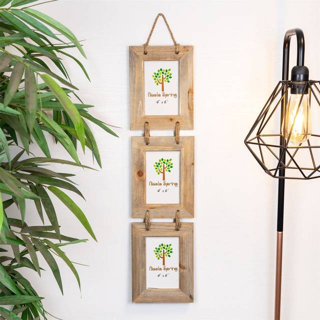 Nicola Spring - Rustic Wooden Hanging 3 Photo Frames - 4 x 6" - Natural - Brown