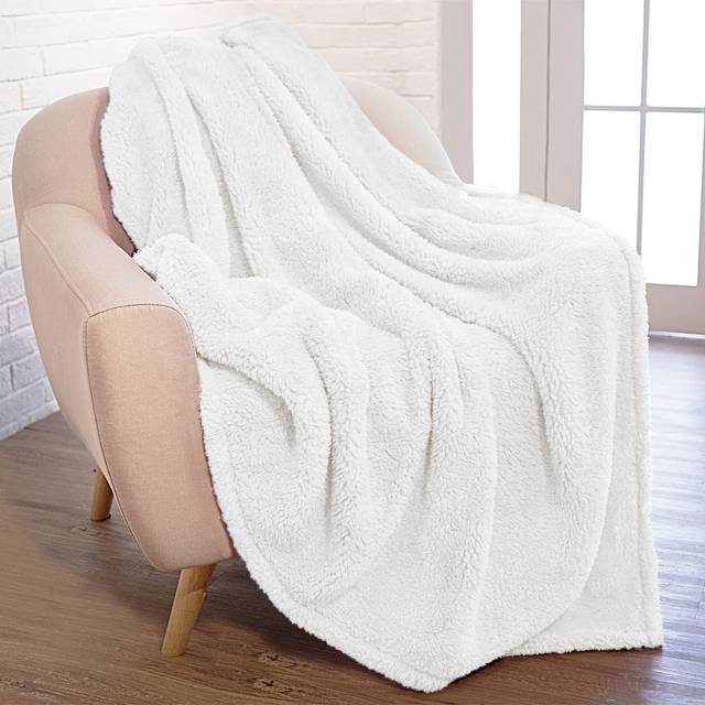PAVILIA Sherpa Throw Blanket for Couch Sofa, White Fluffy Warm Plush Blanket for Bed, Cozy Super Soft Lightweight Throw, Fuzzy Decorative Blanket, All