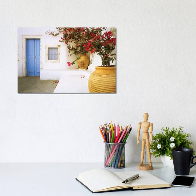 Greece, Santorini. Blue Door to House and Potted Flowers. by Jaynes Gallery - Wrapped Canvas Art Prints (20.32 cm H x 30.48 cm W)