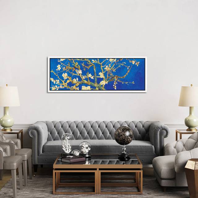'Almond Blossom on Royal Blue' by Vincent Van Gogh - Floater Frame Panoramic Painting Print on Canvas - White Framed Canvas (152.4 cm H x 50.8 cm W)