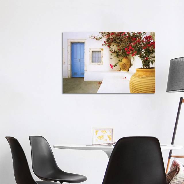 Greece, Santorini. Blue Door to House and Potted Flowers. by Jaynes Gallery - Wrapped Canvas Art Prints (101.6 cm H x 66.04 cm W x 1.91 cm D)