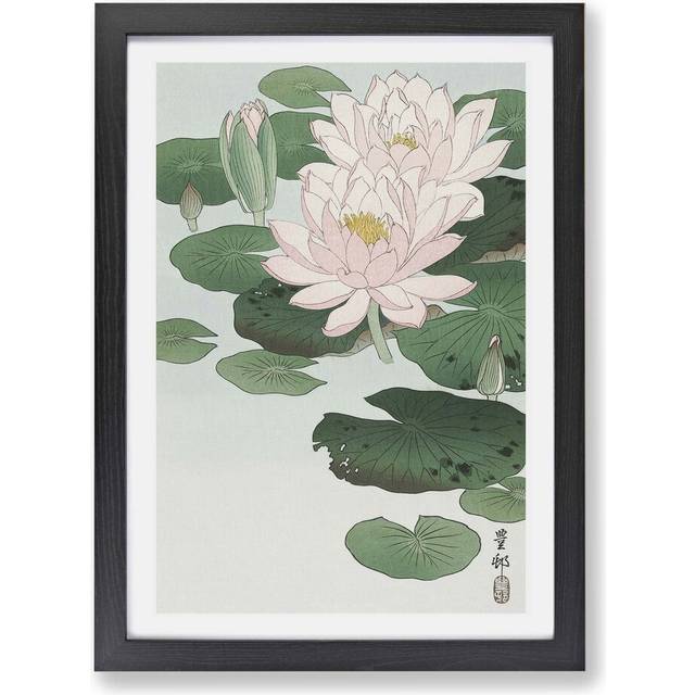 Pink Water Lilies by Ohara Koson - Picture Frame Painting Print on Paper - Black (45cm H x 63cm W x 2cm D)