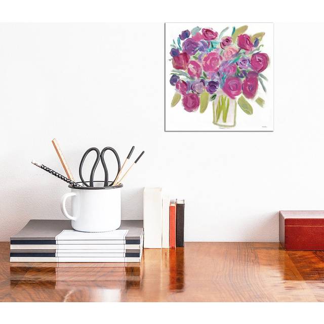 Pink Roses on White by Farida Zaman - Wrapped Canvas Painting (30.48cm H x 30.48cm W x 1.91cm D)