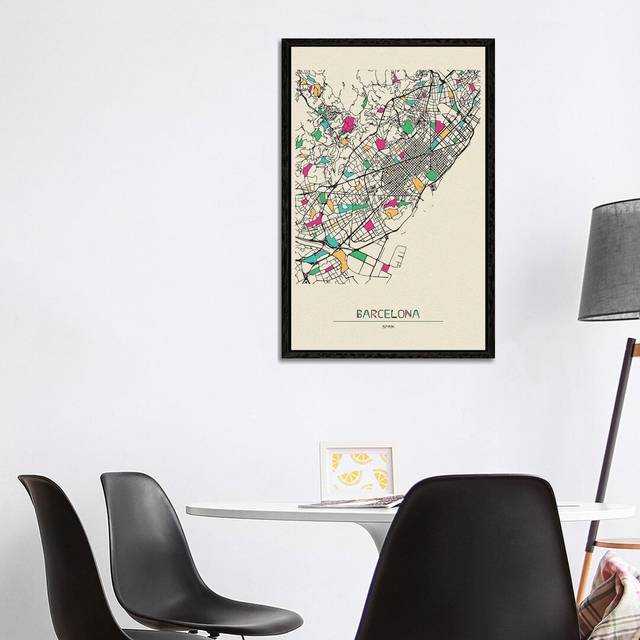 Barcelona, Spain Map by Ayse Deniz Akerman - Graphic Art on Canvas - Black Floater Frame (101.6 cm H x 66.04 cm W)