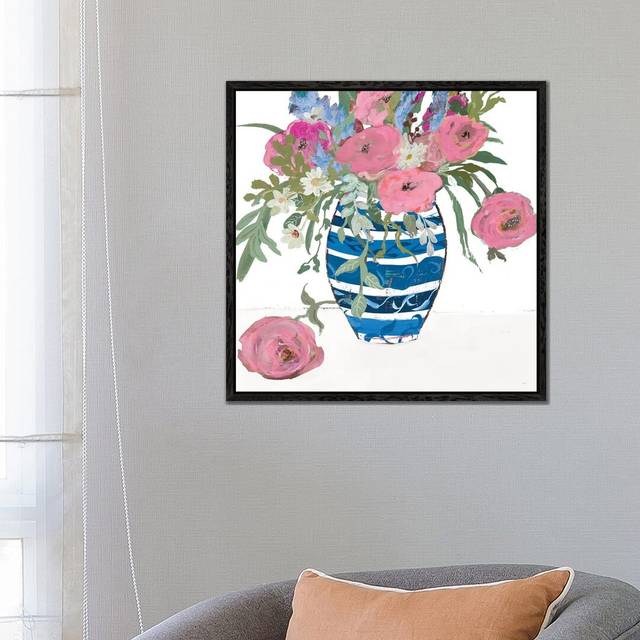 Blue Vase of Pink Roses by Robin Maria - Painting on Canvas - Black Floater Frame (66.04 cm H x 66.04 cm W)
