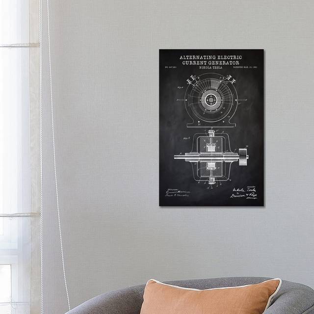 Tesla Alternating Electric Current Generator, Black by PatentPrintStore - Wrapped Canvas Graphic Art (66.04 cm H x 45.72 cm W x 1.91 cm D)