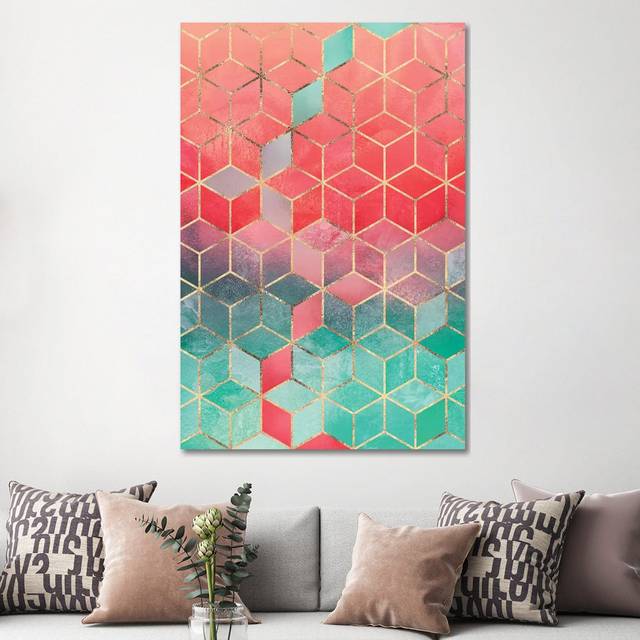 Rose & Turquoise Cubes, Rectangular by Elisabeth Fredriksson - Wrapped Canvas Gallery-Wrapped Canvas Giclée (152.4cm H x 101.6cm W x 3.81cm D)