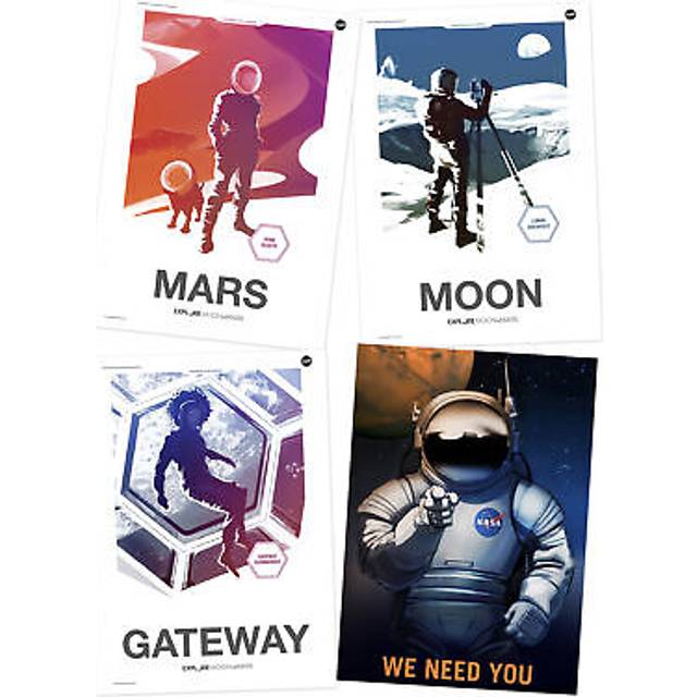 Wall Art Print NASA Modern Explorers Explore We Need You Moon to Mars Lunar Architect Dune Scout Gateway Commander A4 Poster Pack of 4 - Multi - A4