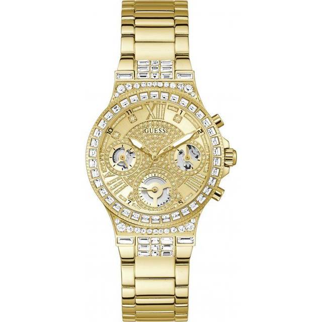 GUESS Damer sport multifunktion glitter med kristaller 36 mm klocka – rosa urtavla roséguld ton rostfritt stål fodral & armband, Guldton/guldton/champagne, En storlek, Månsken