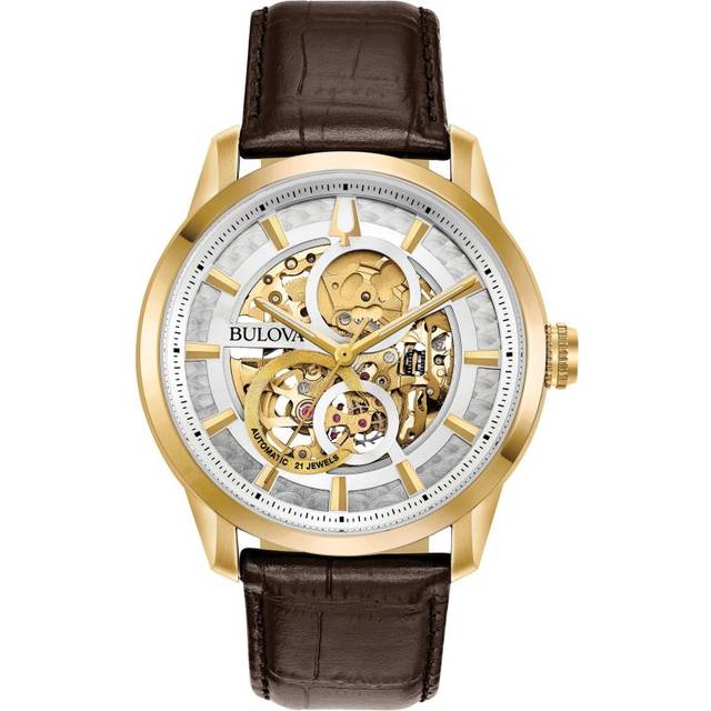 Bulova Classic Sutton Skeleton White Dial Leather Strap Automatic 97A138 Men&#39;s Watch
