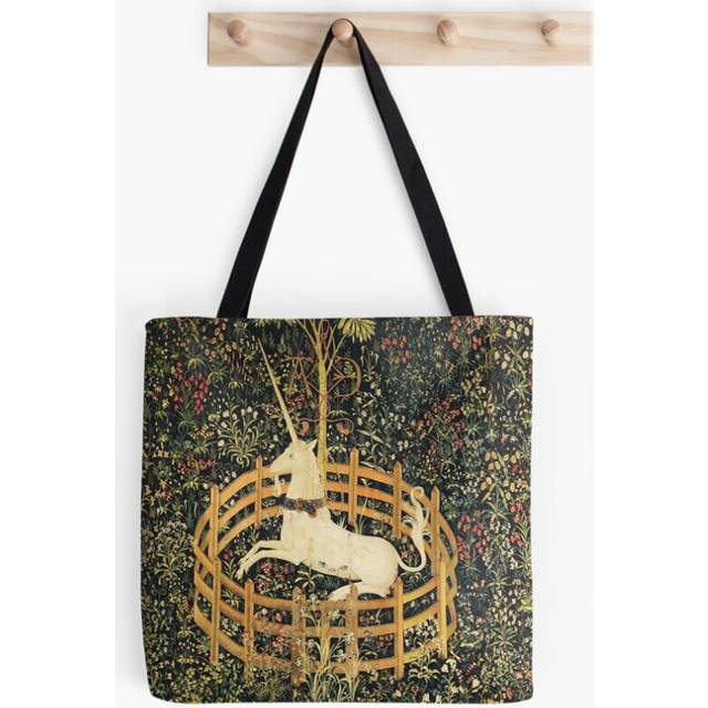 Tote Bags UNICORN AND GOTHIC FANTASY FLOWERS, GREEN FLORAL MOTIFS Grocery for School Library Gym